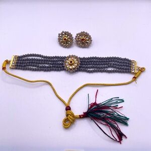 Grey/Gray Beaded Indian/Pakistani Choker(Necklace) with Earring Set